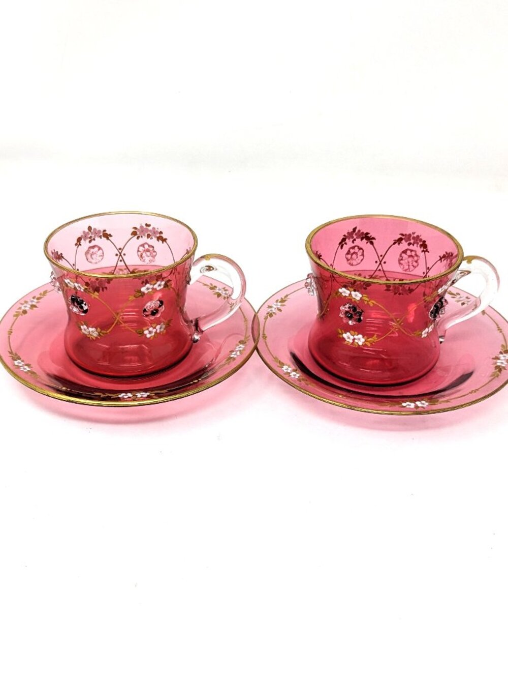 Moser Bohemia Czech Cranberry Glass Cup & Saucer Set 2" Floral Jeweled Enamel